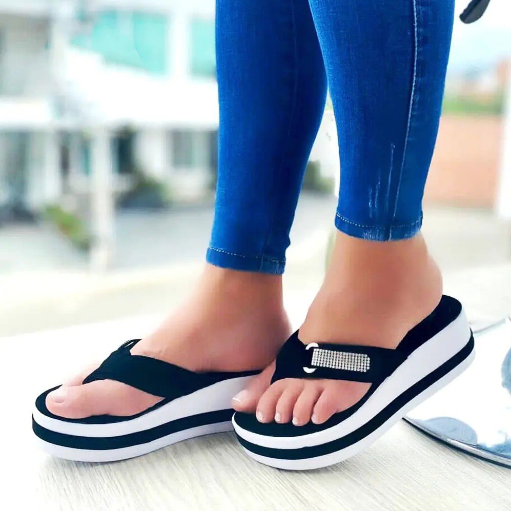 Plus size women's shoes 2021 rhinestone sponge platform sandals wedge slippers summer flip flops women flat beach slippers