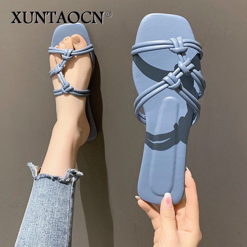 2022 Slippers women summer Korean version new square-toe flat-heel candy color fashion outer wear sandals slippers