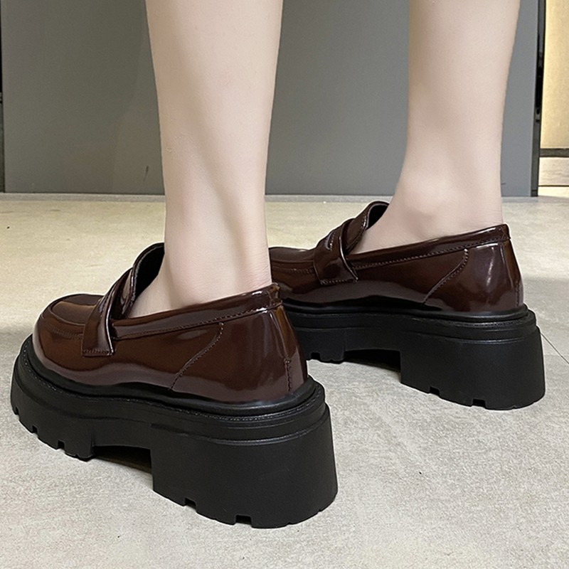 Lucifer Vintage Round Toe Platform Flats Women 2022 Spring Thick Heels PU Leather Shoes Woman Slip On Office Female Shoes