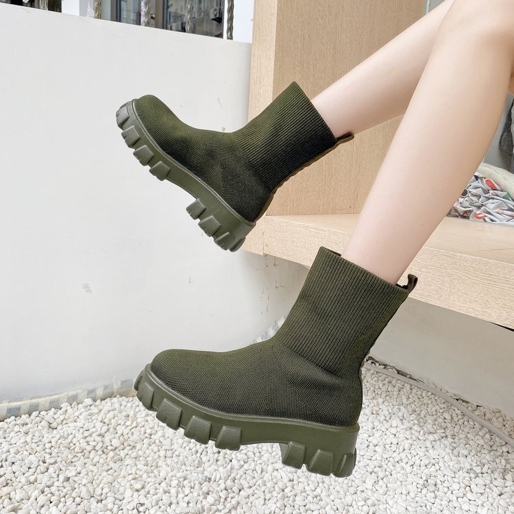 2021 Autumn Winter New Plus Size 43 Socks Boots Knitted Round Toe Short Boots Fashion Platform Woman Ankle Boot Mesh Breathable