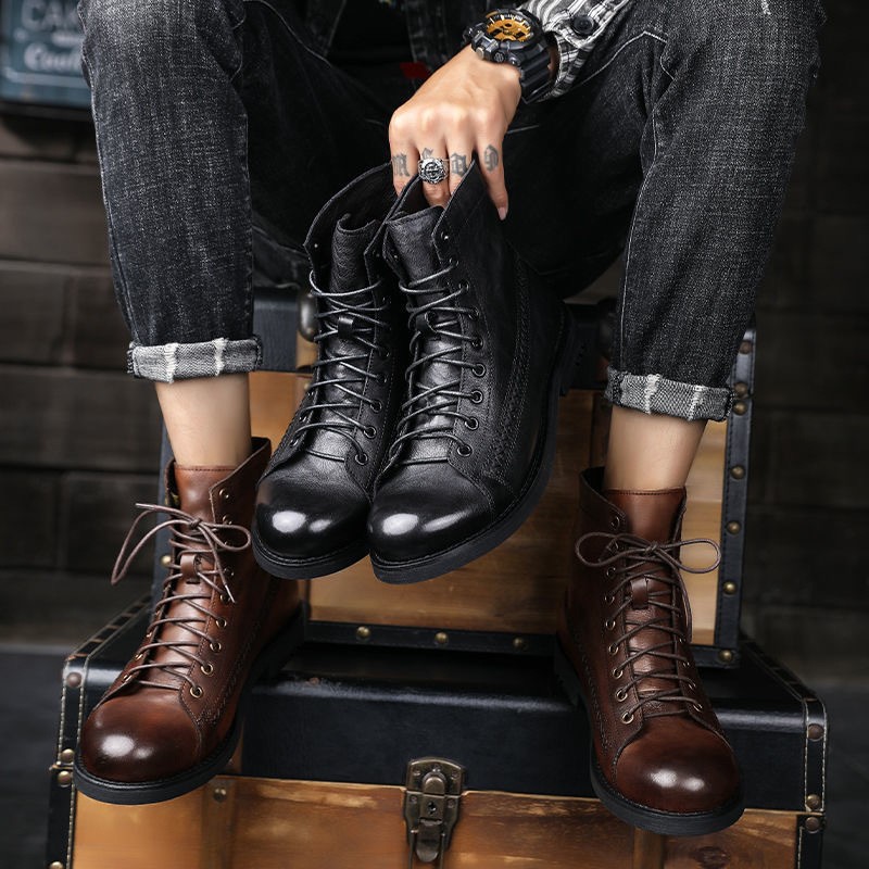 Men Boots Retro Style Ankle Boots PU Lace-up High Quality Casual Shoes Mens Shoes Wear-resistant Shoes For Men Motorcycle Boots