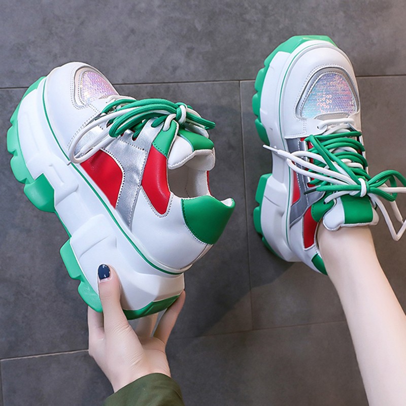 Lucifer Green Sequin Chunky Sneakers Shoes Woman 2022 Spring Mixed Color Platform Shoes For Women Lace Up Thick Sole Sneakers