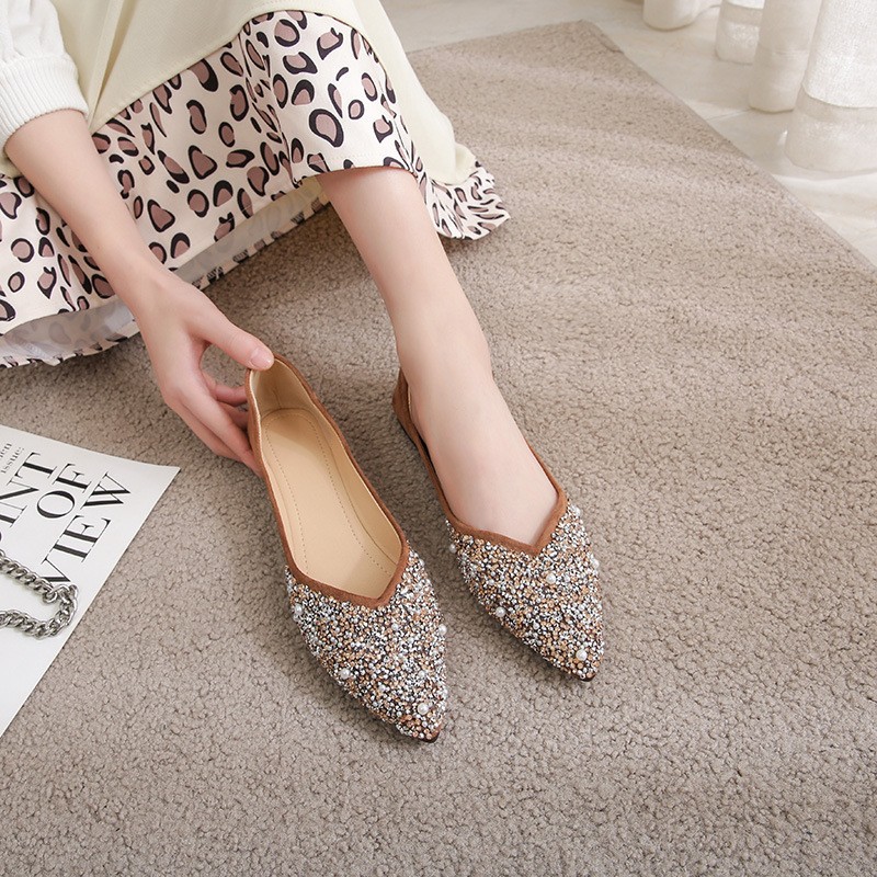 women flat shoes ballet shoes pearl diamond sequins breathable knit pointed loafers spring summer ladies soft loafers