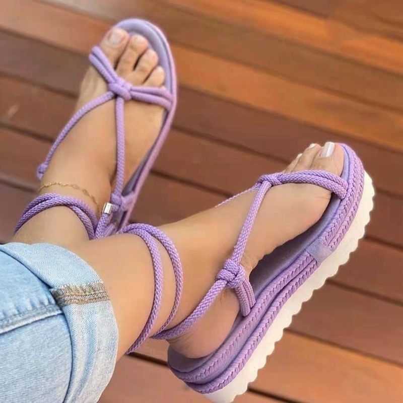 Summer new women's sandals thick-soled sponge cake hemp rope woven sandals ladies large size round toe female beach sandals