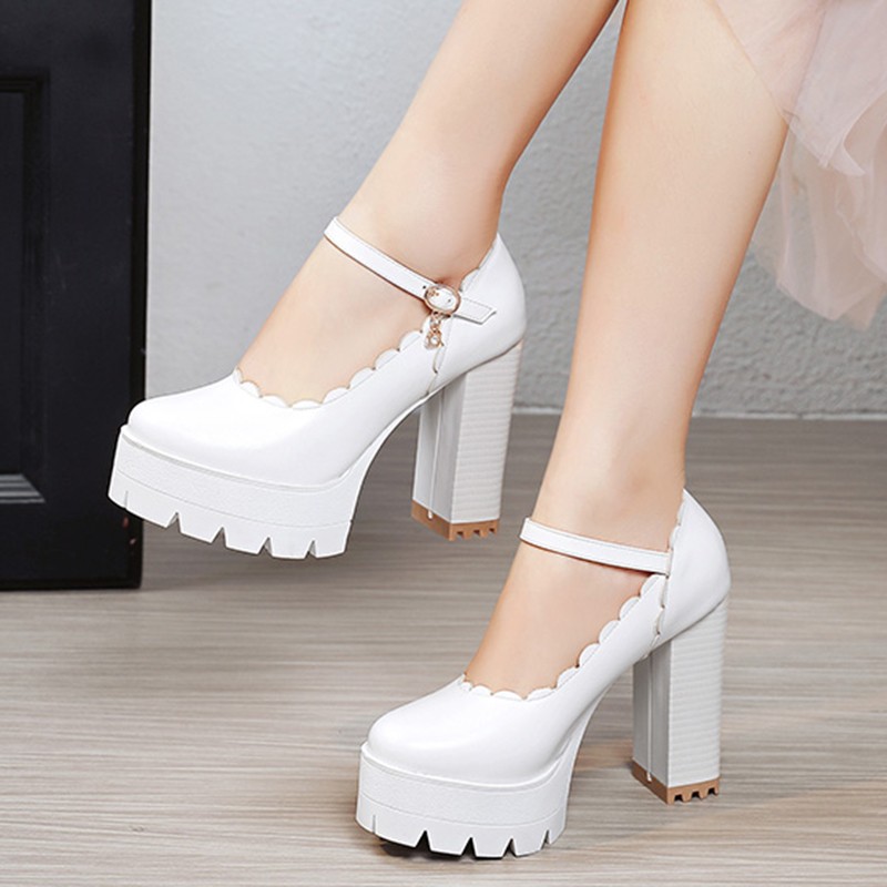 Lucifer 2021 Autumn Women Ankle Strap Thicken High Heels Shoes Woman Black White Wedge Mary Jane Shoes Women 43