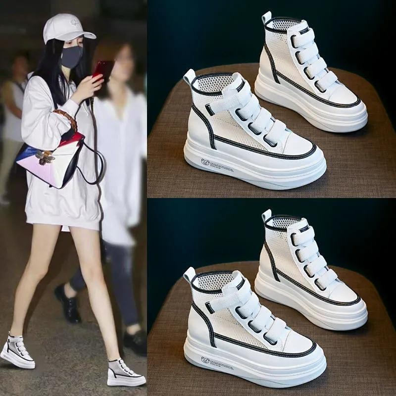 Increasing white shoes new summer women's breathable thick-soled mesh all-match casual sports high-heeled sports shoes