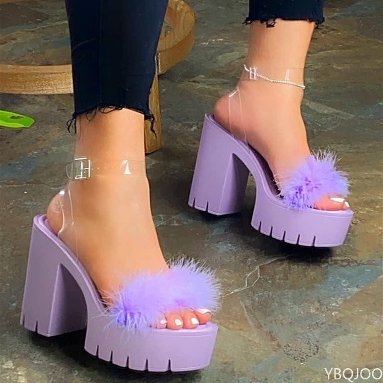 Ladies beach sandals banquet women's new fur rubber high-heeled platform sandals outdoor leisure buckle slippers