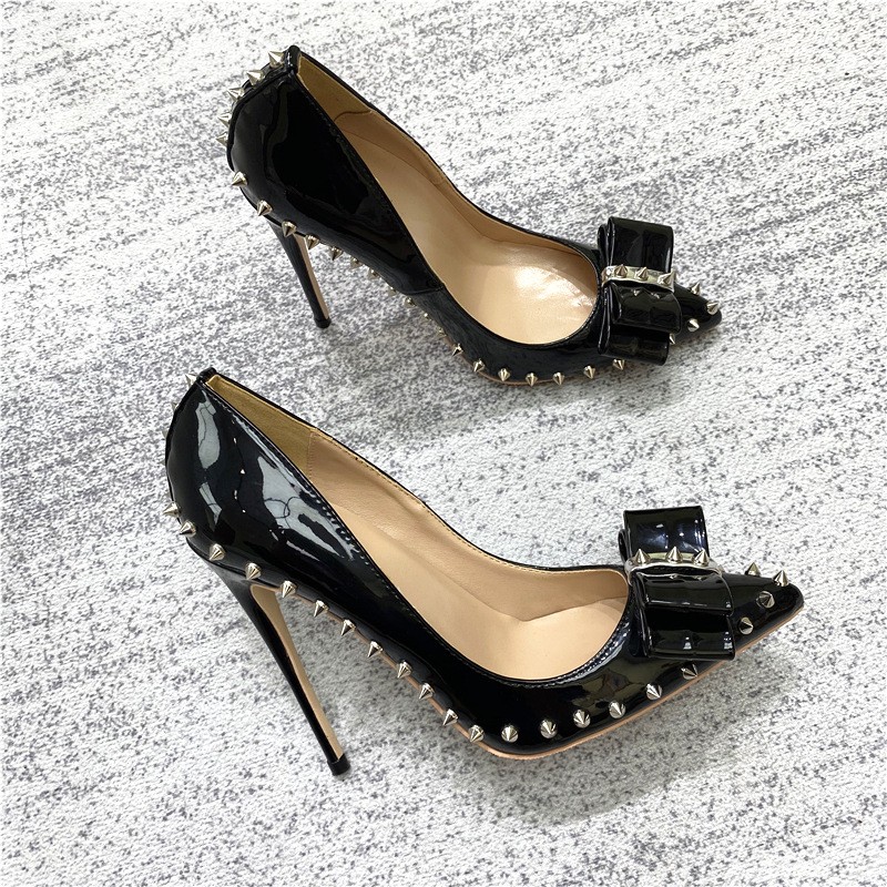 Spring pointed bow stiletto stiletto 12cm work shoes temperament soft leather rivet party dress all-match big size women's shoes