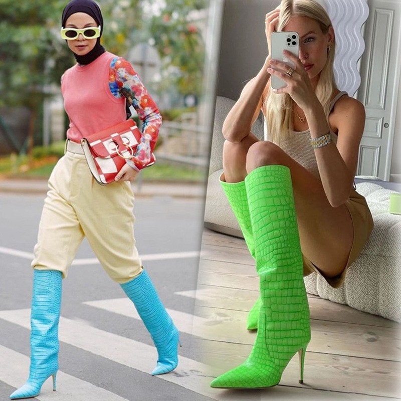 Size 34-43 Women Super Fiber Stone Pattern Knee High Boots Pointed Toe Thin Heel Slip On Party Club Winter Women's Girl Shoes