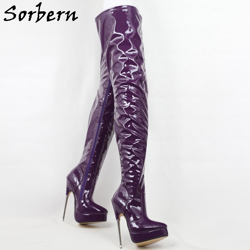 Sorbern Unisex Crotch Thigh High Boots 18cm Metal High Heel Long Boot Shoes Ladies Platform Spike Hard Walking Boot Pointy Toes