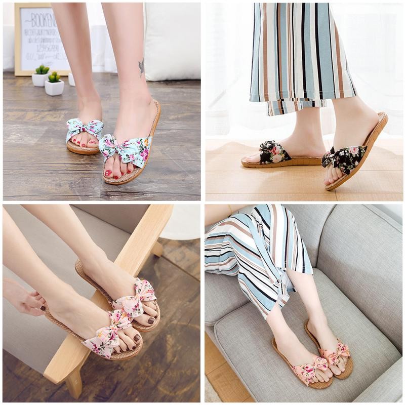 Women Summer Beach Slippers Female Breathable Floral Bow Linen Slippers Sandals Woman Non-slip Flats Female Flip Flop Fashion