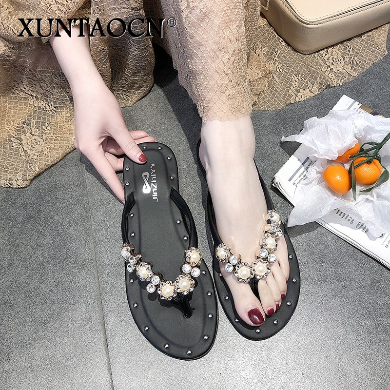 Flat Shoes Female Womens Slippers Outdoor Pantofle Low Rubber Flip Flops Slides 2022 Hawaiian Beach Glitter Fabric Crystal PU