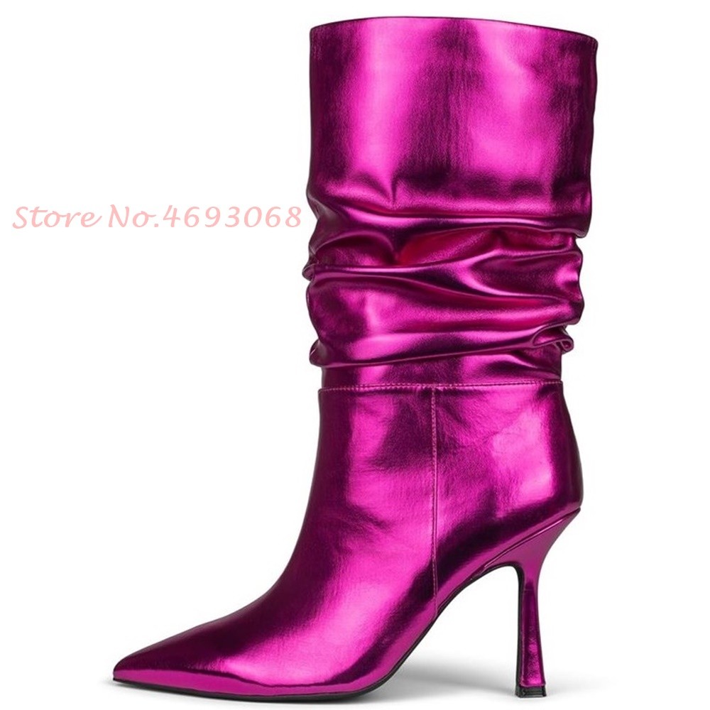 Metallic Leather Mid-Calf Boots Pleated Thin Heels Women Sexy Slip-On Pointed Toe Modern Boots 2022 Spring British Style Boots