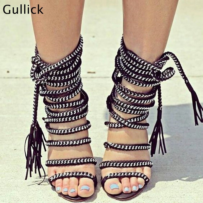 Strappy Heel Sandals Metal Chains Wrap High Heel Shoes Ankle Straps Tassel Gladiator Summer Hollow Dress Shoes Sandals