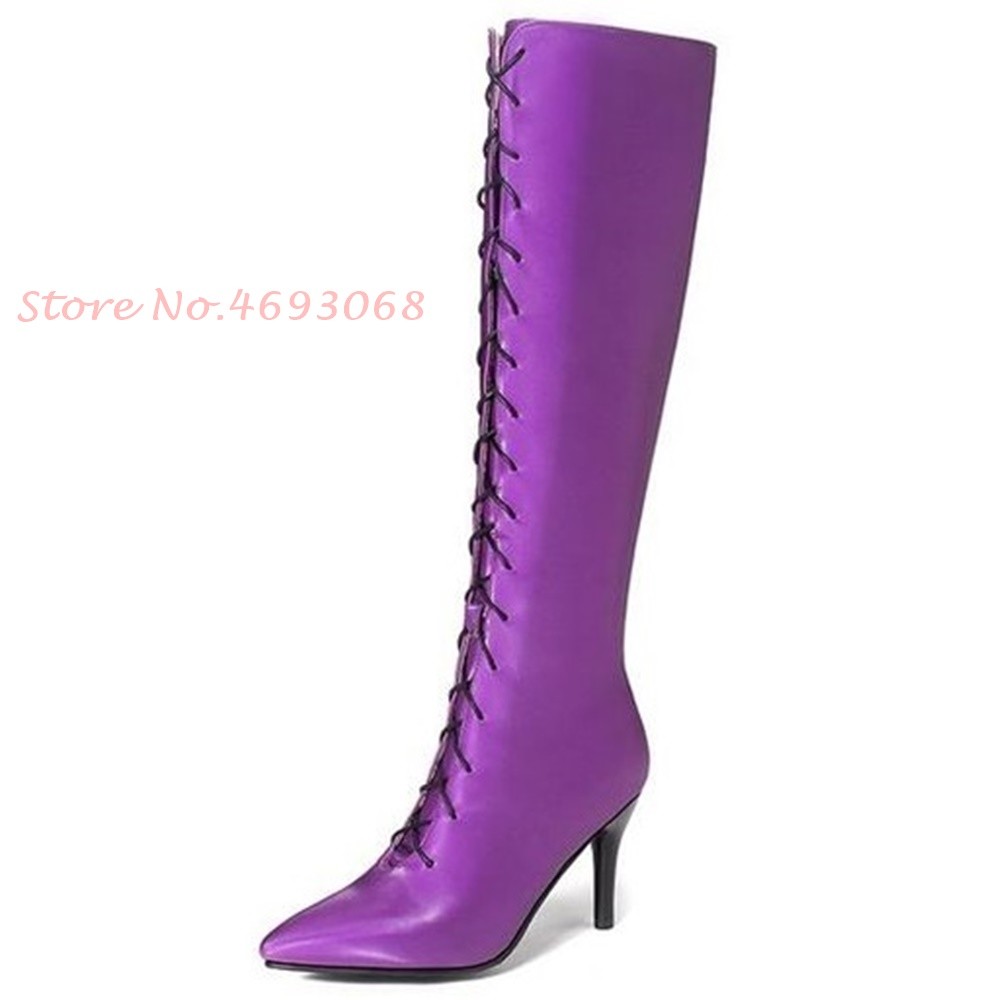 Purple Pointy Heels Knee High Boots Women Med Heels Spring Plus Size Satin Long Lace-up Boots Sexy Thin Heel Cross-tied 2022 Boots