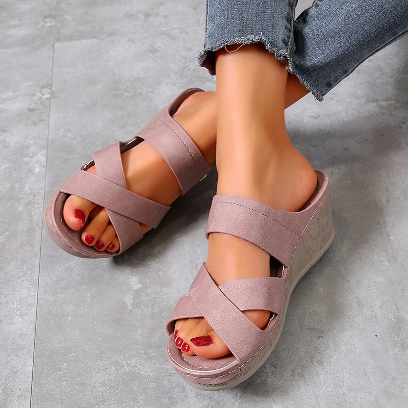 Rimocy Fashion Cross Straps Women Wedges Sandals Summer 2022 PU Platform Slippers Woman Open Toe High Heel Sandals Slides Women