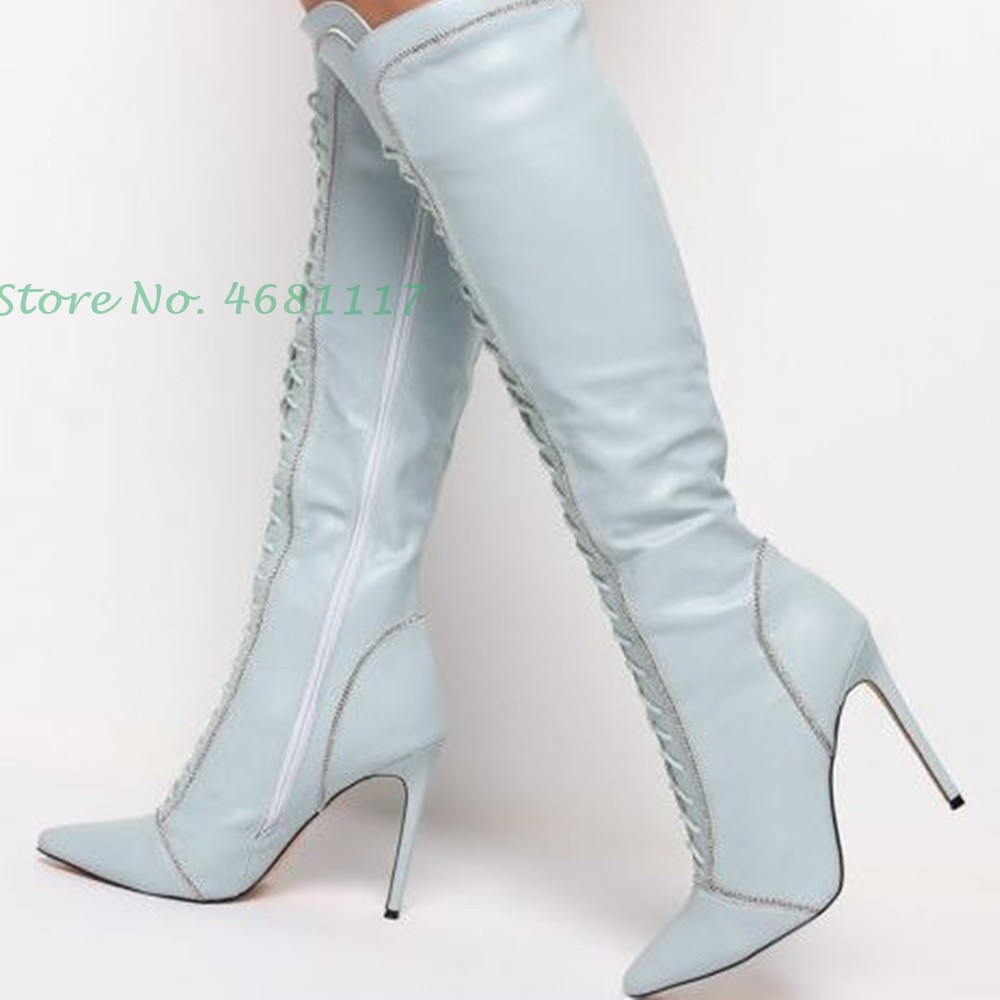 Light Blue Knee High Boots Lace-up Chic Pointed Toe Leather Splicing Long Boots Sweet Thin Heels Fashion Women Shoes Spring 2022