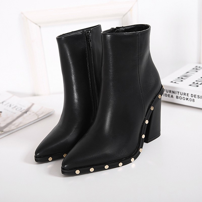Star with the same paragraph handsome round rivet decoration pointed toe thick heel high heel ankle boots 3787