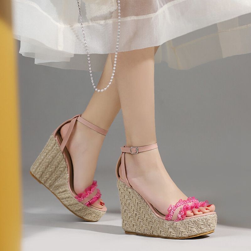 REAVE CAT 2022 Women Sandals Espadrilles Peep Toe Wedges Heel Lace Pleated Buckle Strap Big Size 30-48 Pink White Summer S3615