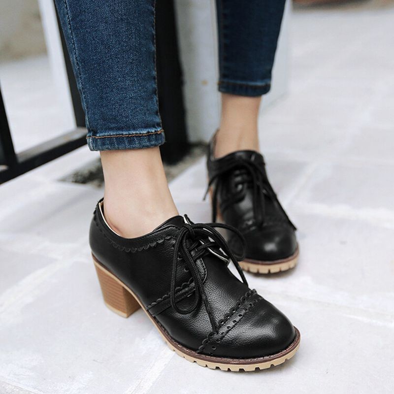 REAVE CAT Women Pumps Brogue Oxfords Round Toe Block Heels Lace-up Retro Big Size 34-43 Solid White Black Spring Casual S3620