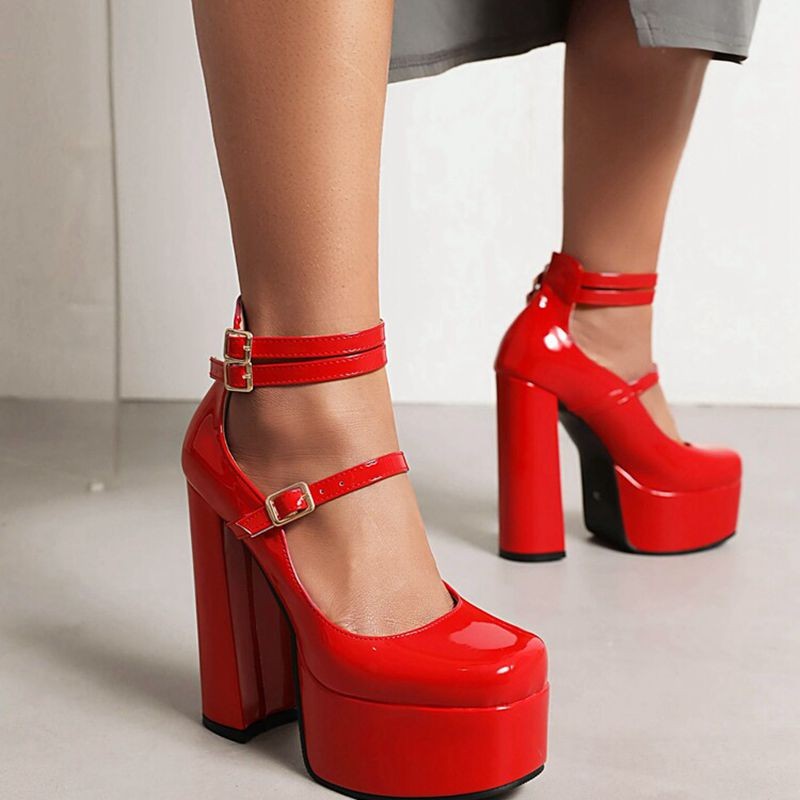 REAVE CAT Women Pumps Square Toe High Block Heels Buckle Straps Punk Platform Big Size 35-41 Solid Red Black Sexy Spring S3626