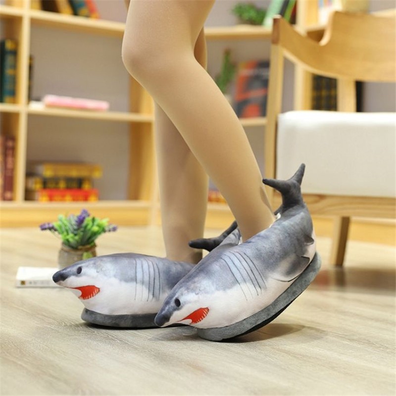 New winter super shark shape funny shoes for men and women warm soft bottom 2021 home indoor floor fish furry winter slippers