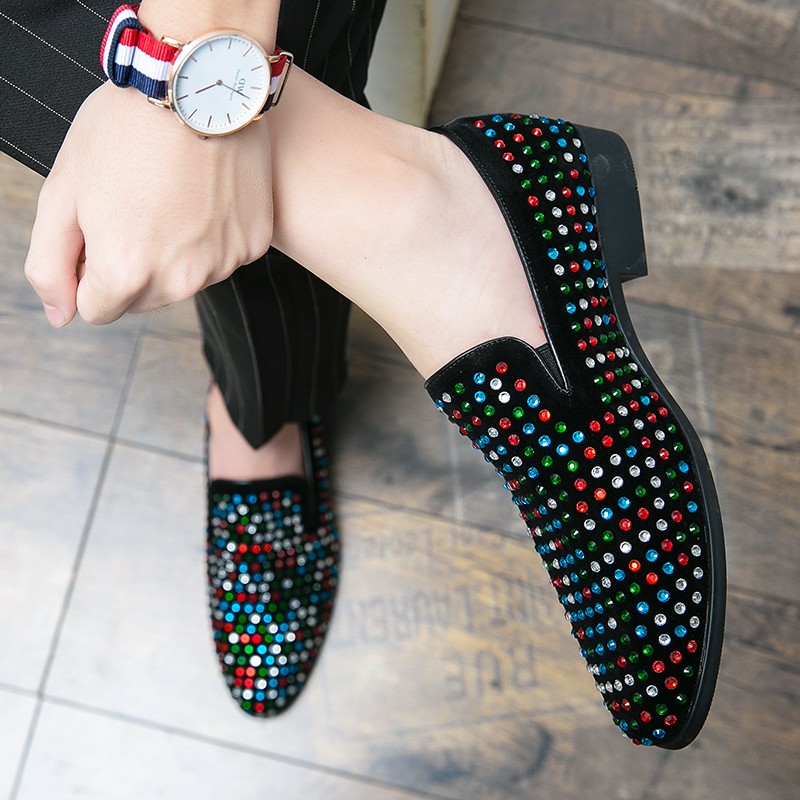 Luxury Men Designer Colorful Diamond Rhinestone Gentleman Flats Shoes Elegant Slingbacks Charm Wedding Dress Prom Shoes