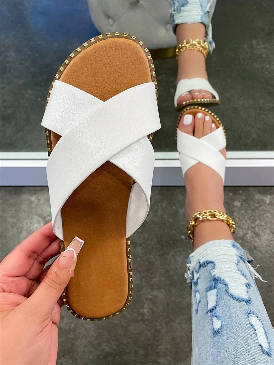 Modern Women Slippers Casual Open Toe Beach Vacation Cute Shoes Solid Color Cross Flat Sandals Bulk Items Wholesale Lots M8686