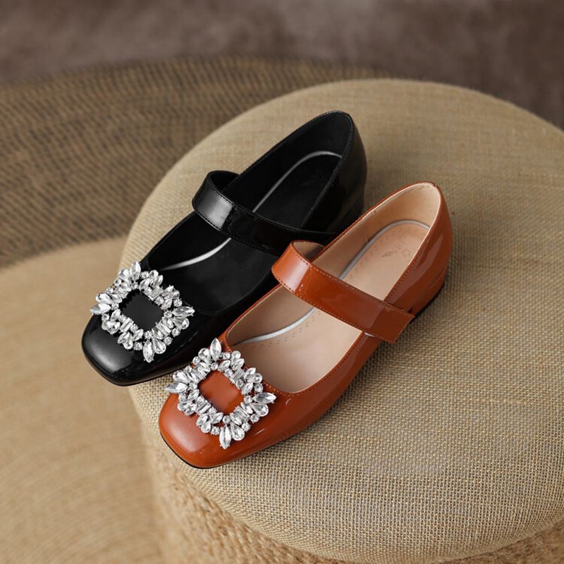 REAVE CAT 2022 Ladies Shoes Flats Square Toe Rhinestone Hook Loop Shallow Elegant Big Size 32-42 Solid Black Brown Spring S3625