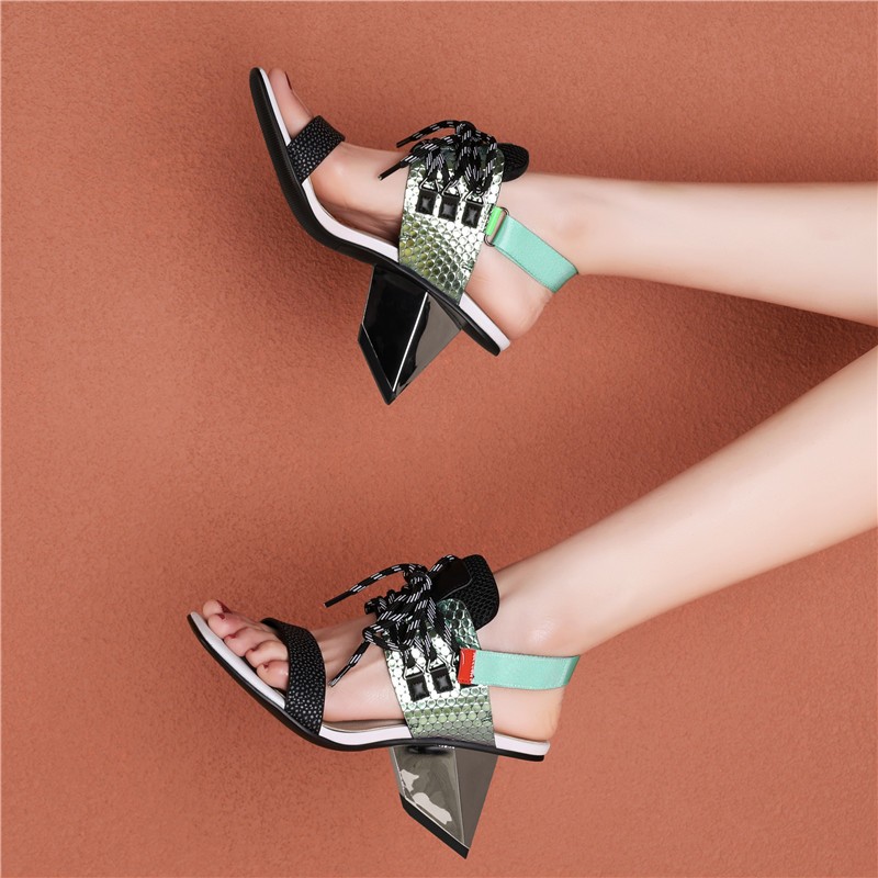 CONASCO Fashion Sexy Women Sandals Pumps Genuine Leather Exotic Heels Mixed Colors Cross-tied Woman Shoes Summer Casual Party