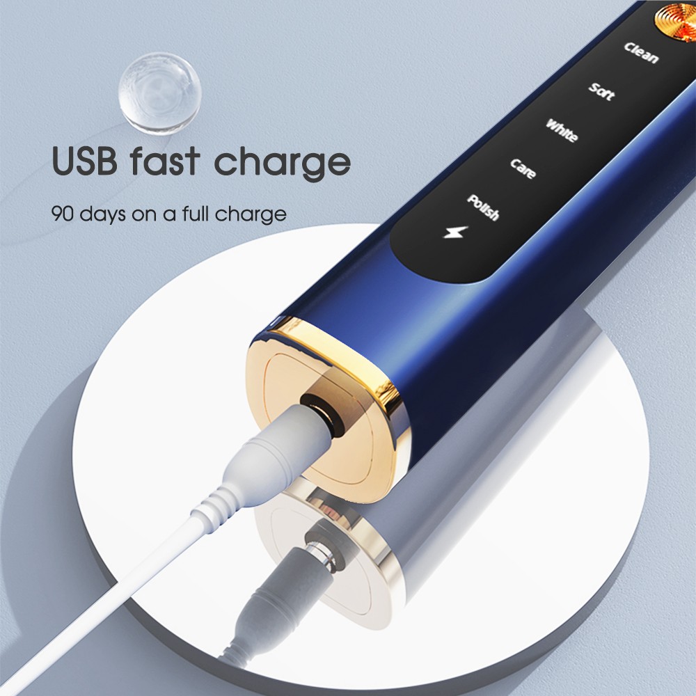 [ZS] Gold Button 5 Modes USB Charger Replacement 8 Brushes Heads Smart Timer Dental Dental For Adult Sonic Electric Toothbrush