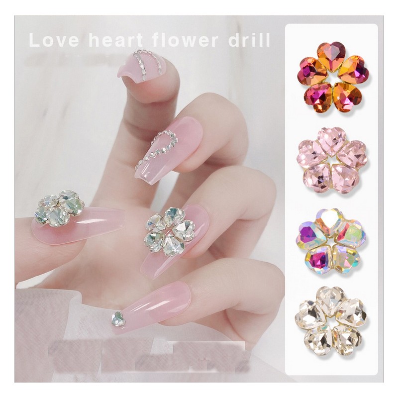 10pcs/lot 3D Nail Art Love Hearts Flowers Shapes AB Side Rhinestones Nail Tips Decorations