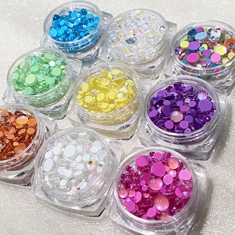 White 1 Box Candy Colors Mixed Size Mermaid Glass Round Crystal Beads AB Nail Art Flat Rhinestones Embellishments