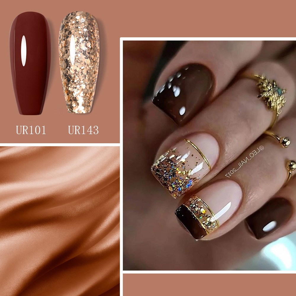 ur sugar caramel color gold sequins gel nail polish for manicure brown chocolate soak off uv gel nail varnish nail art design