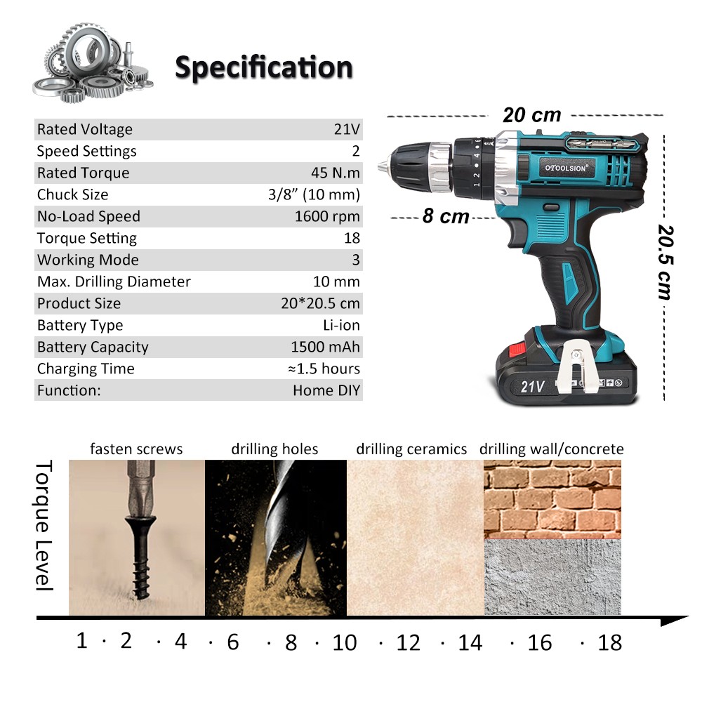 otool sion 21V Electric Impact Drill Cordless Screwdriver Variable Speed ​​1.5Ah Lithium Battery Cordless Drill