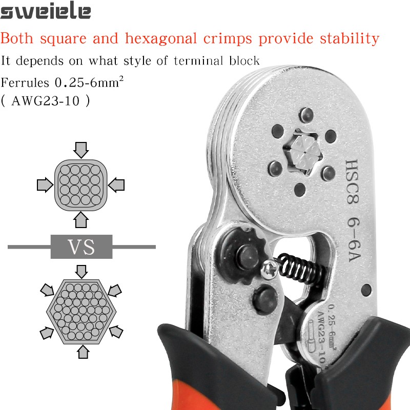 HSC8 6-4A Tubular End Crimping Pliers 0.25-10mm²/6-6A 0.25-6mm² Hand Tool Small Wire Installation Kit