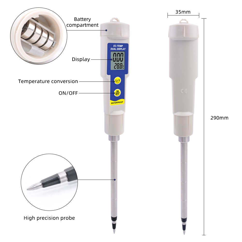 EC-315 Soil Meter 2 in 1 Soil EC and Temperature Meter Waterproof 0 ~ 4.00 mS/cm Multipurpose Conductivity Tester with ATC 50% Off