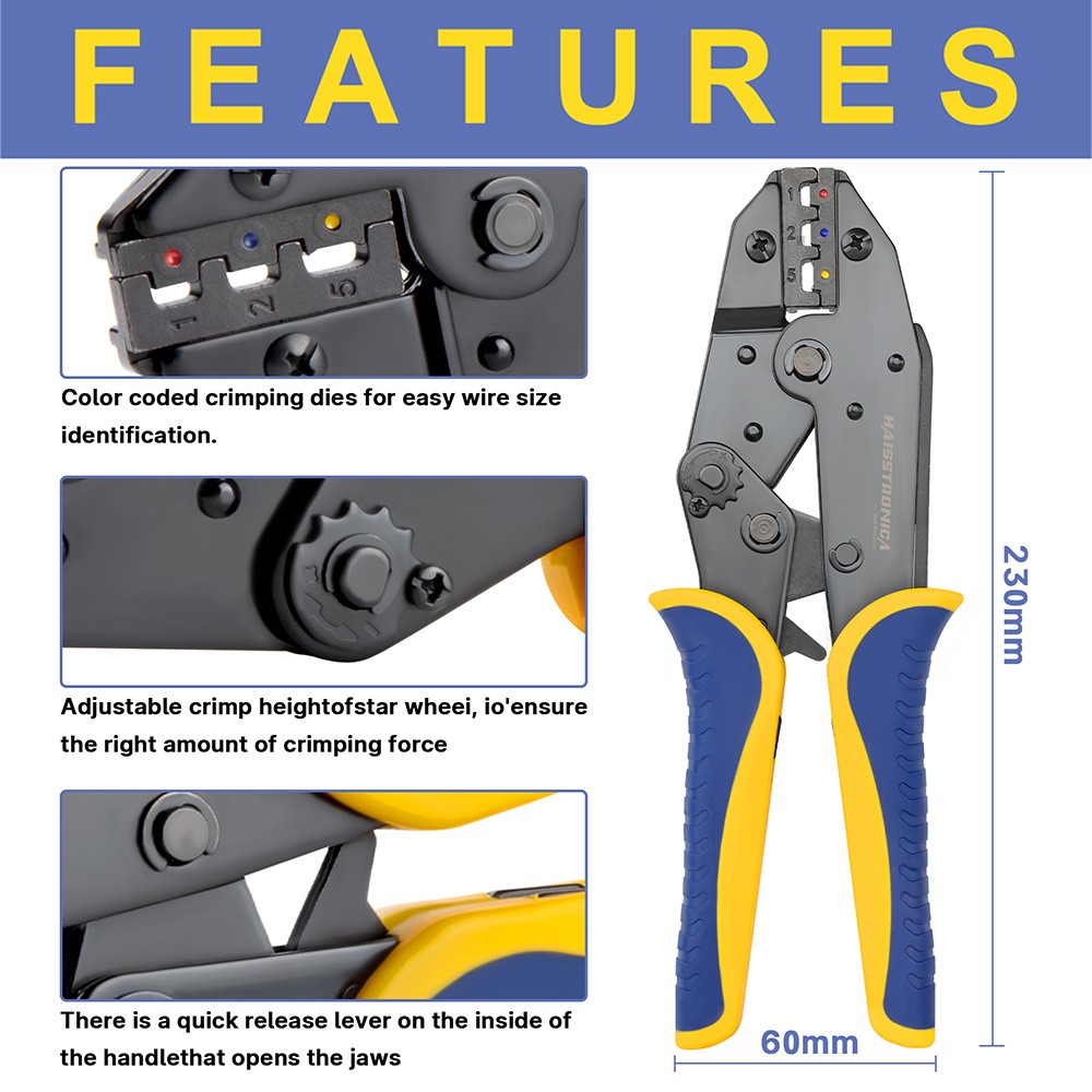 Haisstronica Crimping Tool Heat Shrink Connectors AWG 22-10 , Available For Nylon Connectors Electrical Connectors HS-8327