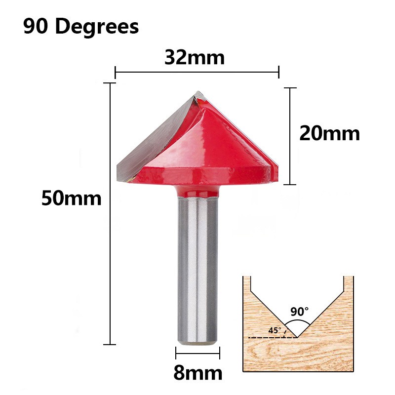 XCAN - Wood Router Bit, Shank 8mm, V Shape, 3D Engraving Drill Bit, 90 Degree, Carbide End Mill Diameter 22 32mm, Wood Milling Cutter