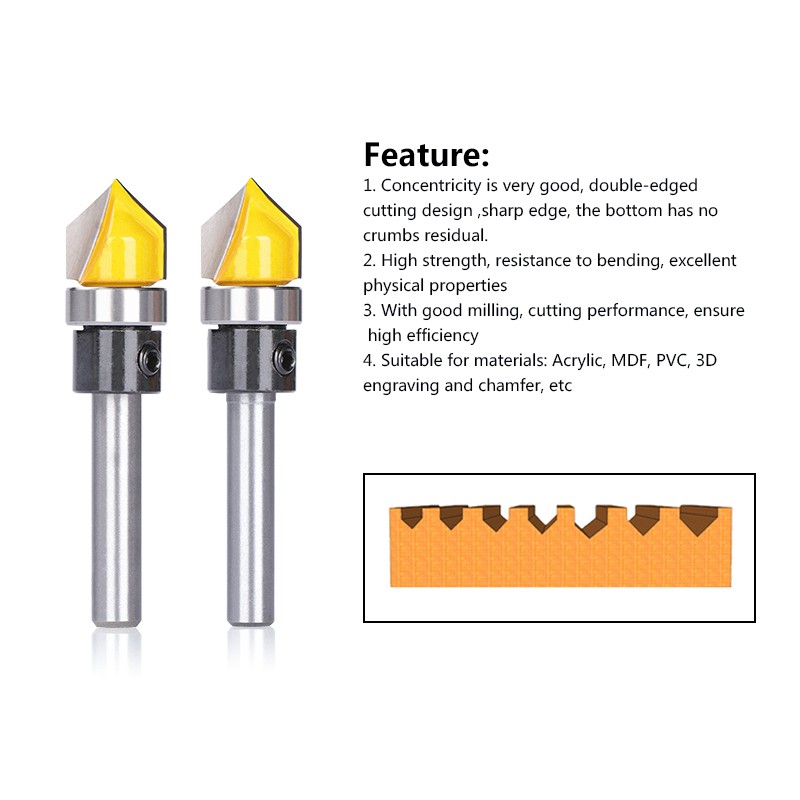 Hampton Mills Wood Cutter 6mm 1/4'' Shank V Groove Bit with Guided Bearing for Woodworking Mining Tools Carbide Router Bits