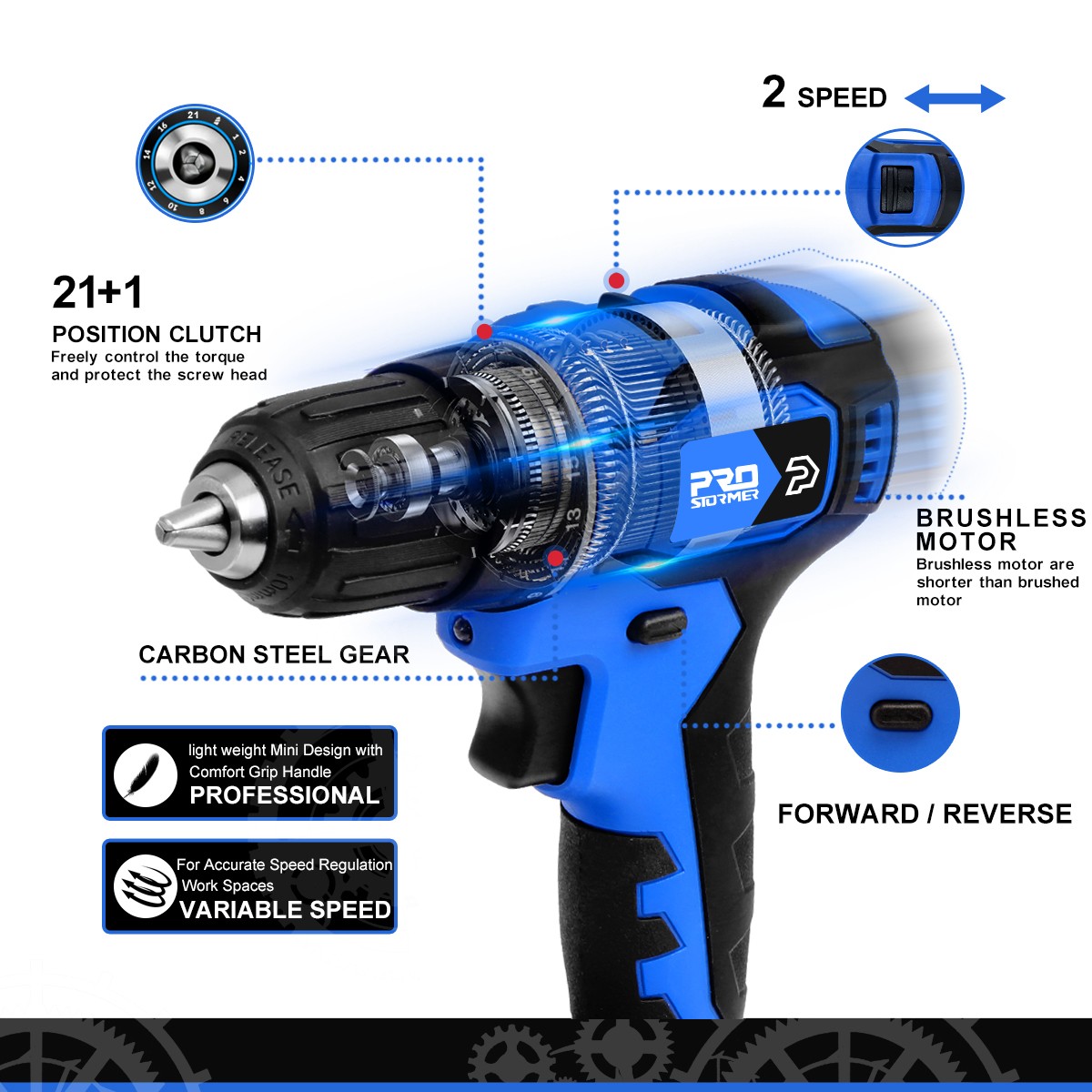 21V Volt Cordless Drill 40NM Brushless Mini Electric Driver Screwdriver 2.0Ah Battery Household Power Tools 5pcs Bits by PROSTORMER