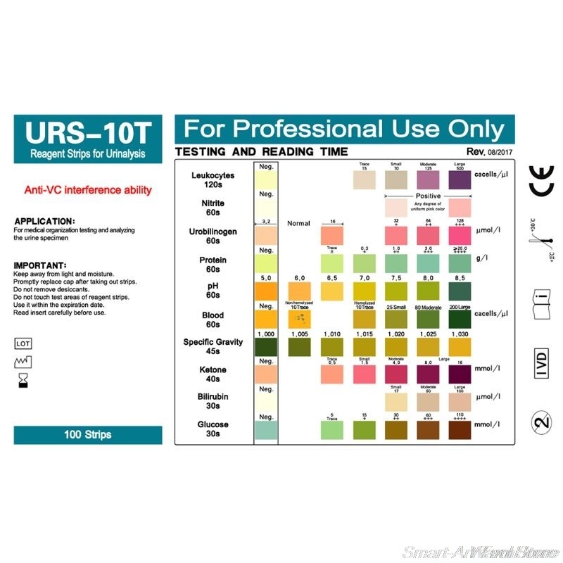 100 شرائط URS-10T شرائط كاشف تحليل البول 10 معلمات البول اشرطة الفحص الكريات البيض ، النيتريت ، بولي بيلينوجين ، البروتين ، pH