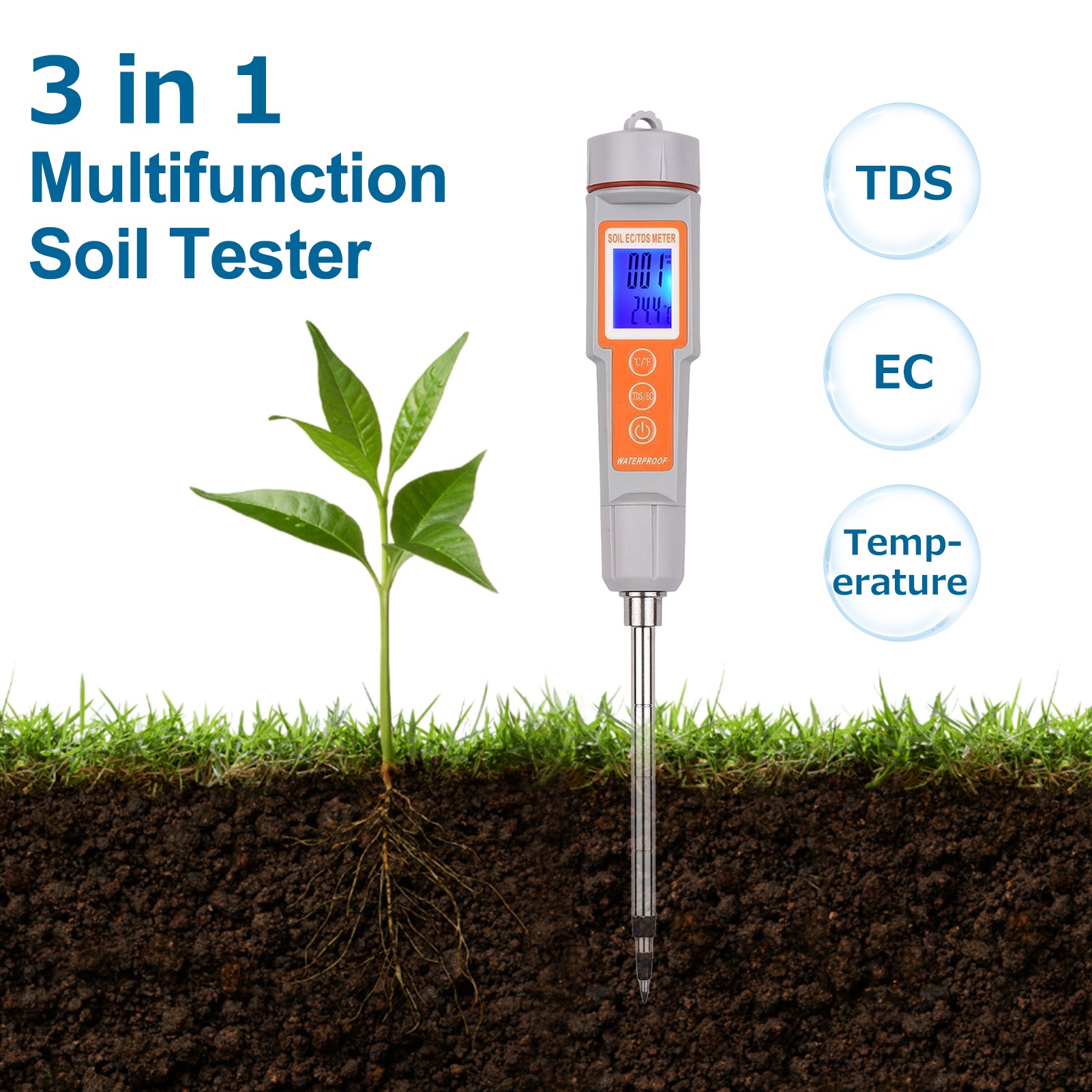 اختبار التربة 3 في 1 EC/ TDS/درجة الحرارة الرقمية اختبار التربة التحقيق متر مع شاشة الخلفية المحمولة اختبار ملوحة التربة