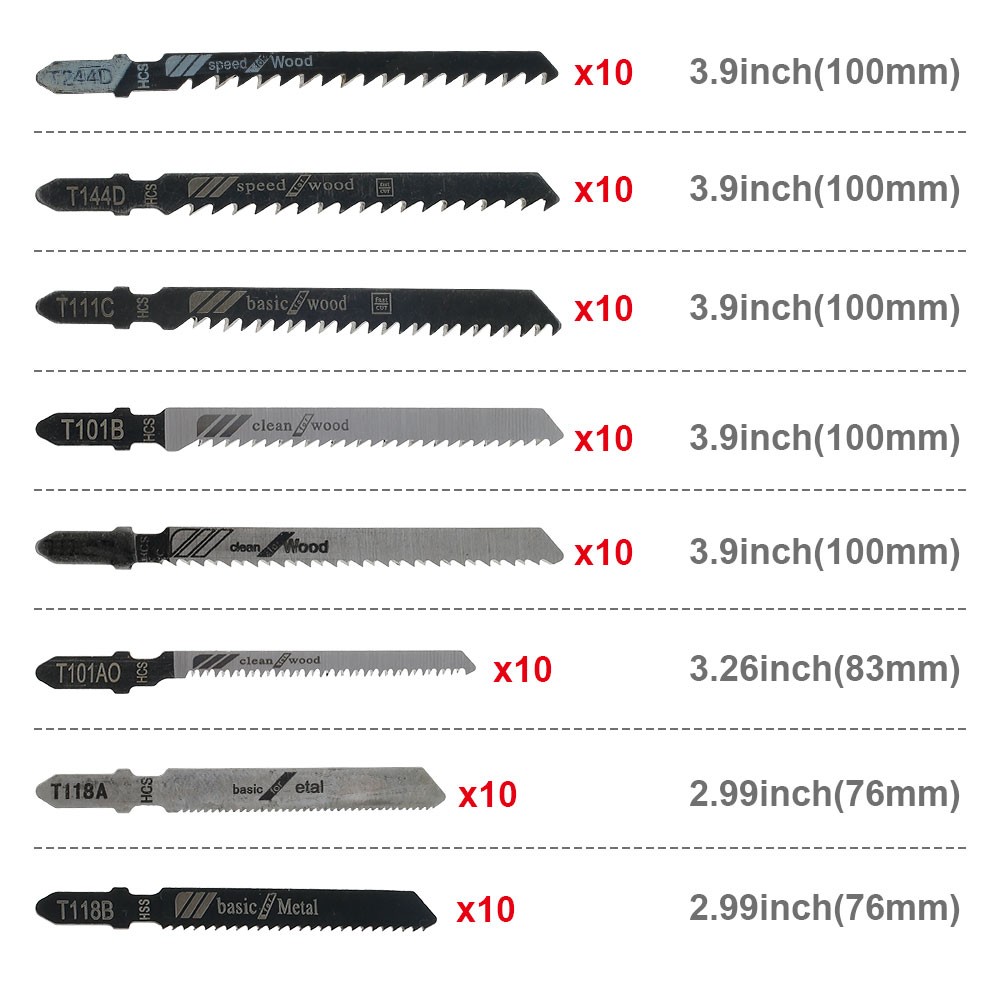 80pcs Jigsaw Blades Set T Shank Blades Fast Down Cutting Wood Metal Cutting Blades T118A/T118B/T101AO/T101B/T101BR/T144D/T244D/T111C