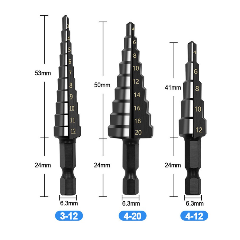 Binoax Titanium Nitride Step Drill Bit Set 3 Pieces High Speed ​​Steel Total 24 Sizes With Bag