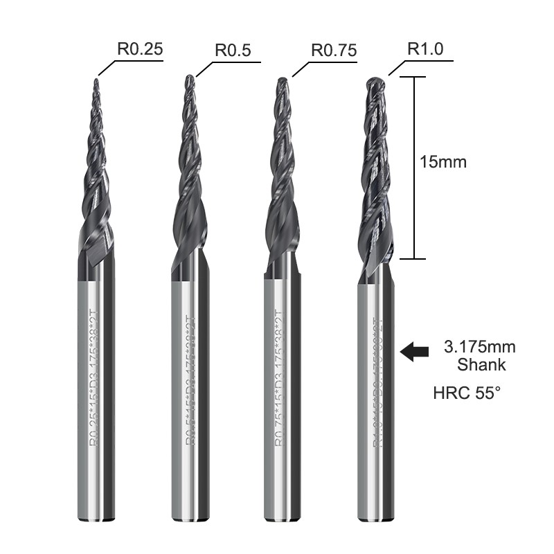 XCAN Tapered Ball Nose End Mill 1PC R0.25/R0.5/R0.75/R1.0 3.175mm Shank Carbide Wood Engraving Bit CNC Router Bit Milling Cutter