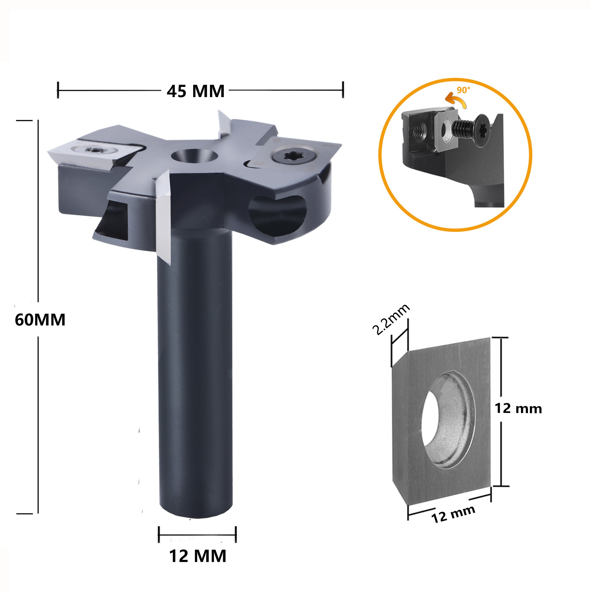 Dreanique 2-Flute Wood Planer Bit 38.1mm 45mm Cutting Diameter 8 12mm Shank Spoilerboard Surfacing Router Bit Insert Carbide Slab