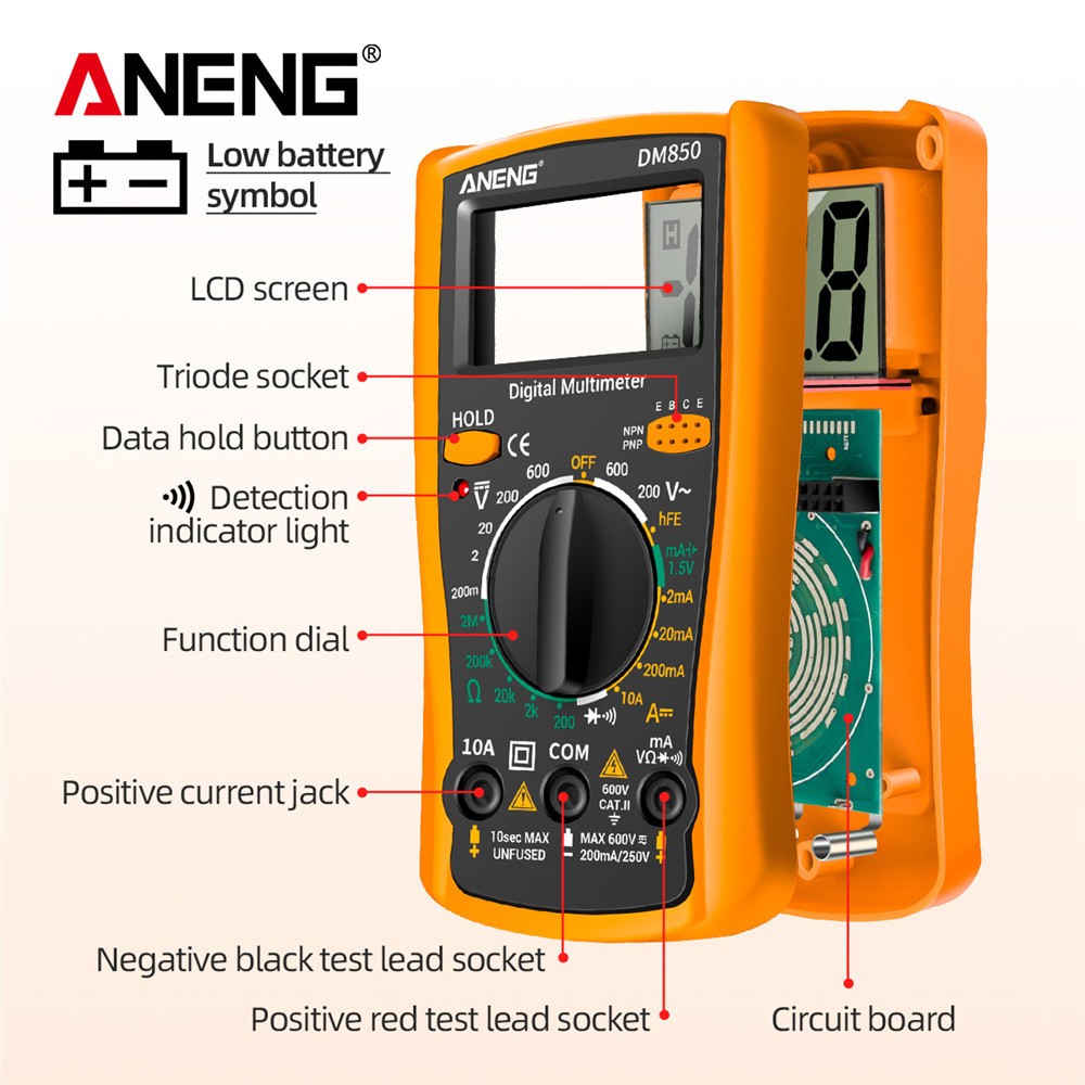 جهاز رقمي رقمي متعدد الميترو DM850 ، جهاز قياس متعدد 1999 ، جهاز قياس التيار المتناوب/تيار مستمر ، جهاز اختبار أوم ، جهاز كشف التيار الكهربائي ، جهاز كشف التيار الكهربائي