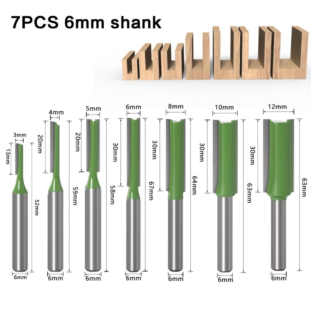 1-7pcs 1/4 inch single shank double flute straight bit milling cutter for wood 6mm tungsten carbide router bits wood tool set