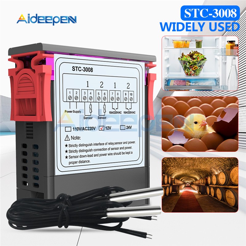 STC-3008 3018 3028 AC 110V 220V DC 12V 24V 10A Dual Digital Temperature Humidity Controller Heating Cooling Two Relay Output